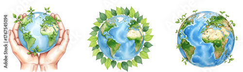 Earth day concept save the planet ecology environment go green nature protection globe with leaves hands art on transparent background