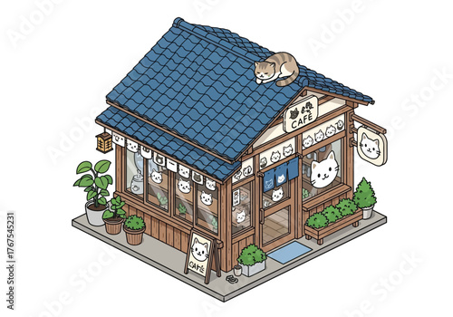 Charming isometric illustration of a Japanese-style cat cafe with a tabby cat resting on its blue tiled roof, surrounded by potted plants.