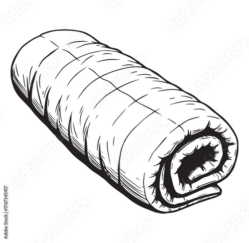 Hand-drawn black and white illustration of a rolled up sleeping bag for camping outdoors