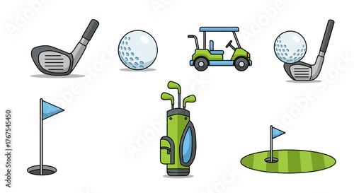 Golf icons: club, ball, cart, bag, flag, and green.