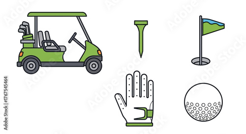 Golf icons: cart, tee, flag, glove, and ball.