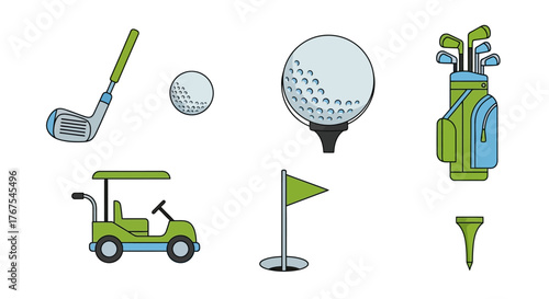 Golfing equipment icons: club, ball, tee, cart, bag, and flag.
