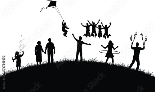 Outdoor Celebration Silhouettes – Joyful Activities, Community Fun, and Nature Play Vector Set