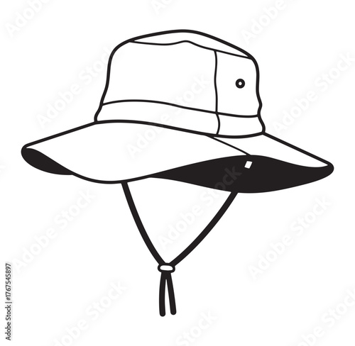 Simple black and white line drawing of a wide brim sun hat with chin strap