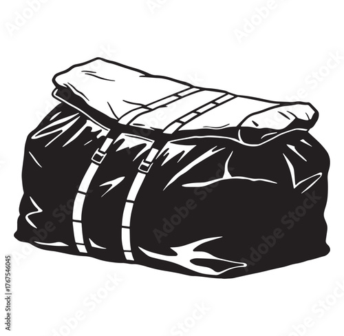 Simple black and white vector illustration of a duffel bag for travel and adventure