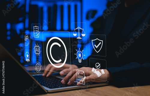 Fotografía Copyright protection and intellectual property concept with digital icons on screen, symbolizing legal rights, creative ownership, digital security, AI-generated content and online content regulation