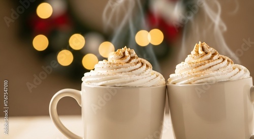 Wallpaper Mural Two steaming mugs topped with whipped cream and cinnamon rest against a blurred background of lights Torontodigital.ca