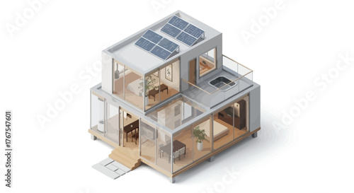Isometric rendering of an Eco-friendly contemporary dwelling with solar panels