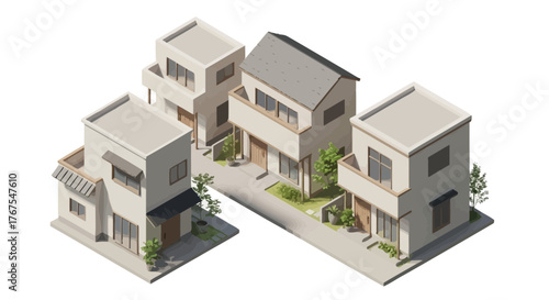 Isometric Residential Neighborhood with Modern Minimalist Architectural Style