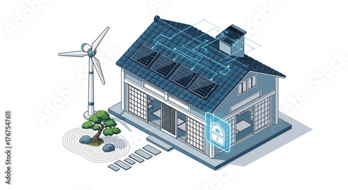 Isometric representation of eco-friendly house powered by renewable sources