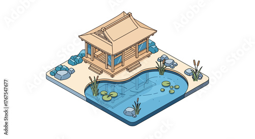 Isometric serene pavilion scene with a pond full of lilly pads illustration