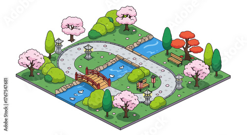 Isometric serene japanese garden illustration with cherry blossom trees