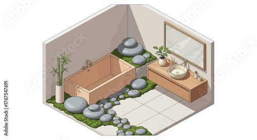 Isometric Illustration of a Minimalist Bathroom with Spa Elements