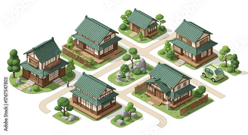 Isometric Illustration of a Serene Japanese Village with Eco-Friendly Elements