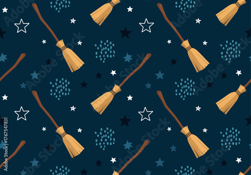 Cartoon brooms fly diagonally in a seamless pattern, set against a dark blue background filled with white outlined stars, solid stars, and clusters of light blue dots.