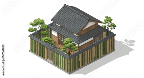 Isometric illustration of a traditional Japanese house with bamboo fence