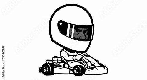 Karikatur Go Kart Driver Big Helmet Small Vehicle Vector