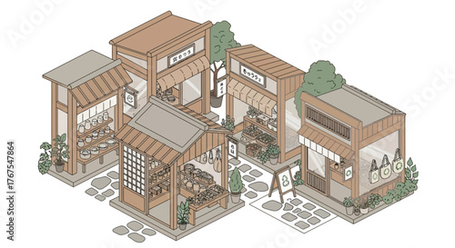 Isometric Illustration of a Traditional Japanese Market with Various Shops