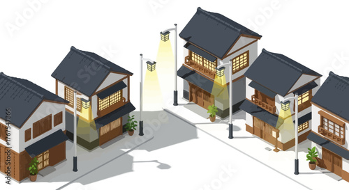 Isometric illustration of a traditional japanese street at night cartoon style