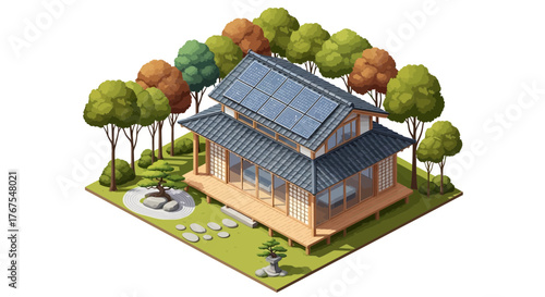 Isometric illustration of traditional japanese house powered by solar panel