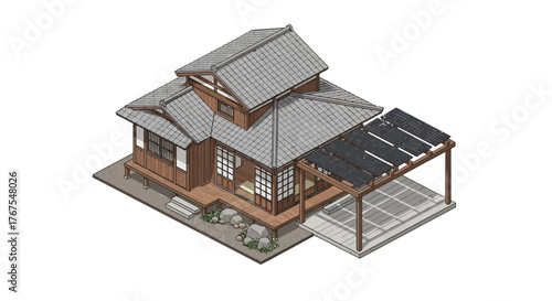 Isometric Illustration of Traditional Japanese House with Modern Carport Design