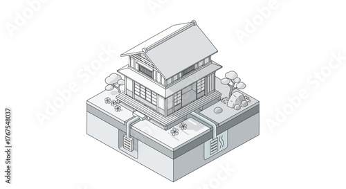 Isometric illustration of traditional japanese house with water circulation