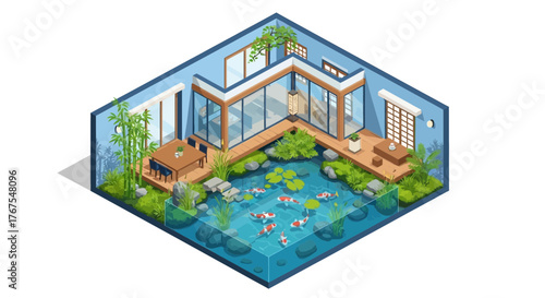 Isometric illustration showcasing serene indoor garden with tranquil koi pond