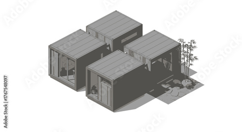 Isometric illustration showcasing unique modular building concept with garden