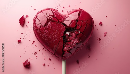 A broken heart-shaped lollipop, shattered into pieces, rests on a soft pink background, symbolizing heartbreak and fragility.