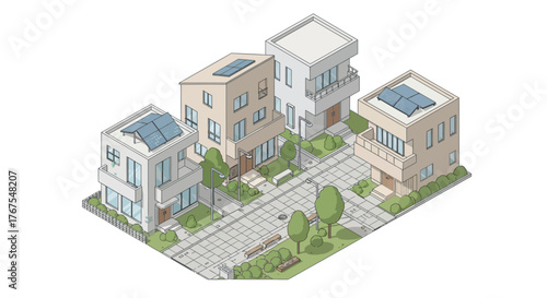 Isometric Neighborhood with Modern Houses and Solar Panels Illustration