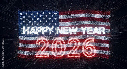 Patriotic happy new year 2026 celebration with an american flag design and festive lights