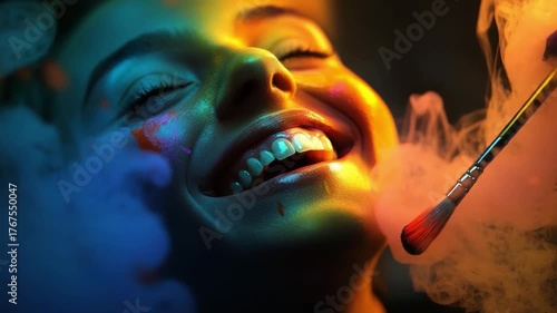 Artistic Expression: A person immersed in creative ecstasy as vibrant colors explode into a symphony of hues, and a brush adding the final touch to this portrait of happiness.