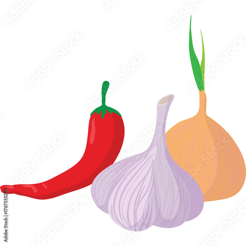 Red Chili Pepper Garlic Bulb and Yellow Onion on a White Background