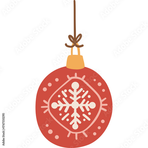 Red Christmas Bauble Ornament with Snowflake Design Hanging by String Detailed Festive Holiday Decoration