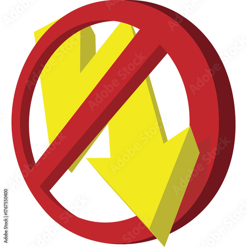 Red Circle With Diagonal Line Over Yellow Arrows Indicating No Movement Or Prohibition On Transparent Background