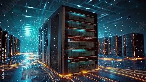 High-tech server rack in data center with digital streams and holographic images for cloud computing and web marketing