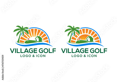 golf course logo icon vector design with sun and house