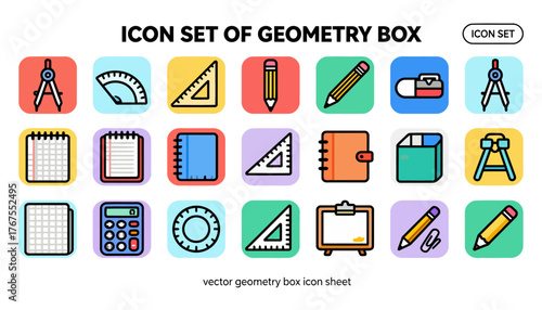 Icon Set of Geometry Box — 20 Colorful Vector SVG Icons (Compass, Ruler, Protractor, Set Square, Divider, Sharpener, Pencil, Eraser, Calculator, Graph Paper)