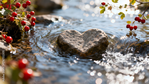 Heart shaped rock in flowing water