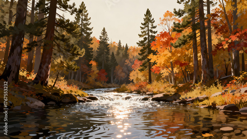 Autumn forest with colorful trees and stream