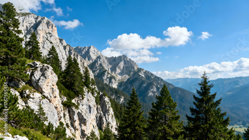 Mountain landscape with trees and clouds