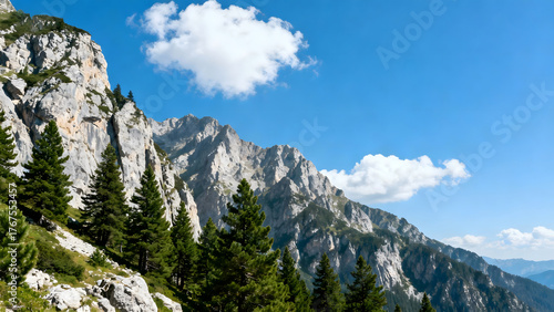 Mountain landscape with rocky cliffs and trees