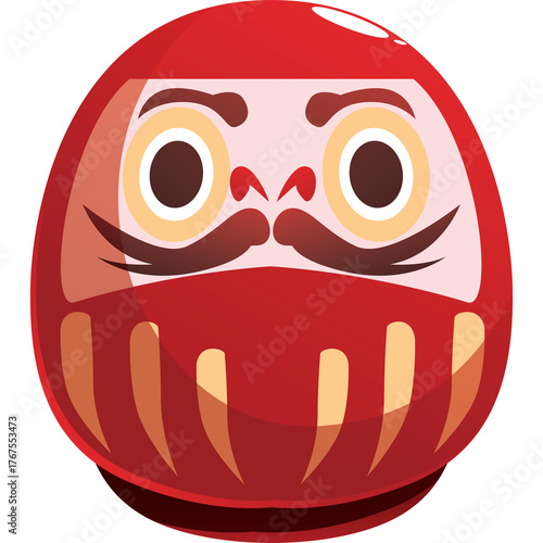Red Daruma Doll With Black Moustache And Eyes On Transparent Background