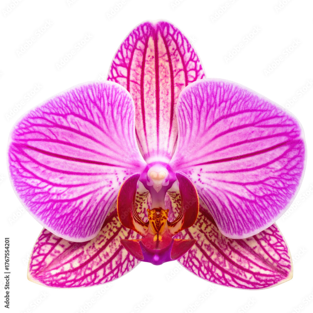 Fototapeta premium Isolated macro shot of a vibrantly striped orchid blossom. Dark backdrop. Clear focus
