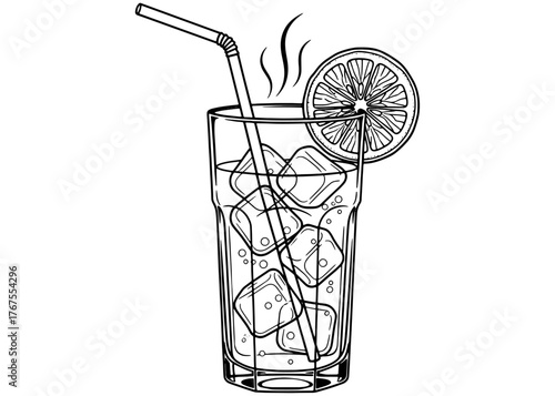 A refreshing glass of iced tea or lemonade with ice cubes, a straw, and a lemon slice. Black and white vector line art for a coloring book or menu.