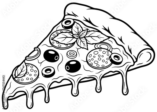 A slice of pizza with pepperoni, olives, and melting cheese. Black and white vector line art, isolated for a logo, menu, or coloring book.