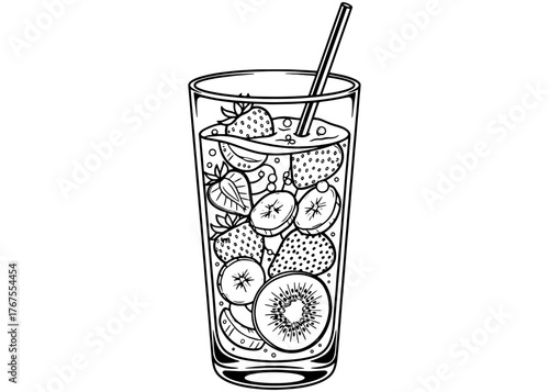 Glass of fresh fruit infused water with strawberry and kiwi. Black and white vector line art for a coloring book, menu, or healthy lifestyle design.