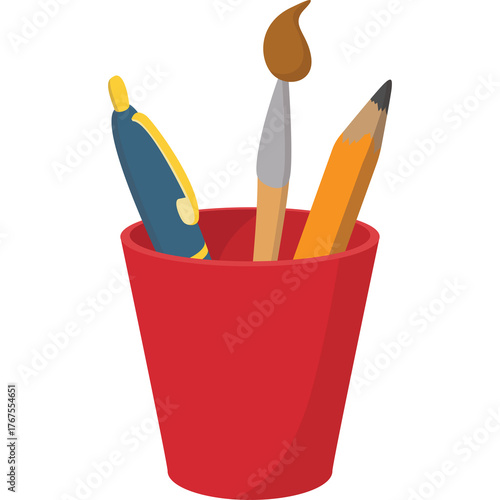 Red cup holding art supplies including a blue pen a paintbrush with brown bristles and an orange pencil with a yellow eraser on a transparent background