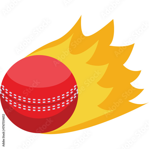 Red Cricket Ball With White Stitching Trails Through Fiery Orange Flames Against A Transparent Background Representing Speed And Intensity In Sports And Competition