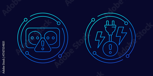 electric socket warning icons, power outlet and plug linear design